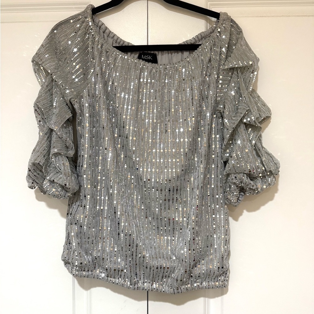 MSK Glittering Silver Ruffle Blouse